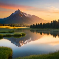 Breathtaking Sunrise Landscape: Majestic Mountains, Tranquil River, and Rolling Hills