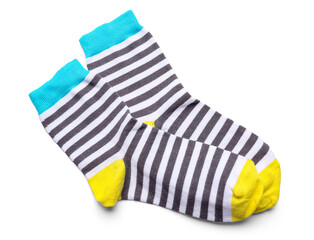 Pair of striped socks isolated on white background