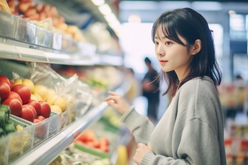 Asia woman smiling and shopping in the supermarket, fruit and vegetable on the shelf, Generative AI image.