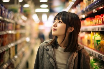 Asia woman smiling and shopping in the supermarket, fruit and vegetable on the shelf, Generative AI image.