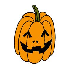 Funny creepy carved orange pumpkin with spooky eyes and smile.Jack-o-lantern for halloween party isolated on white background