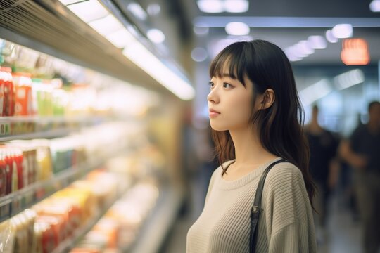 Asia woman smiling and shopping in the supermarket, food on shelf, Generative AI image.