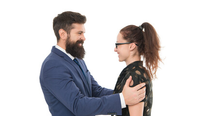Having same vision. Working couple isolated on whie. Couple in love in formal wear. Couple of business partners. Romantic couple. Bearded man embrace sensual woman. Dedicated to making business work