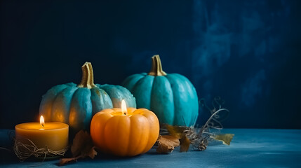 Autumn pumpkin with candles and dry leaves on dark blue background with copy space. AI generative