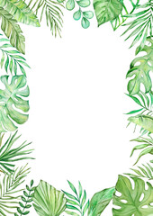Fototapeta premium Frame rectangular with watercolor tropical leaves