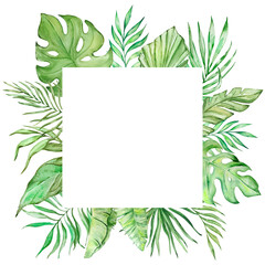 Square frame with watercolor tropical leaves
