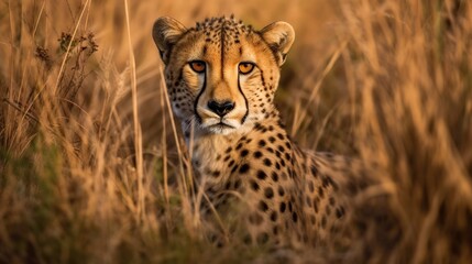 Naklejka premium cheetah camouflaged within tall grass