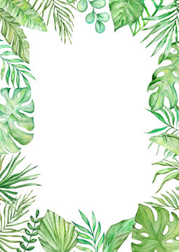 Frame rectangular with watercolor tropical leaves
