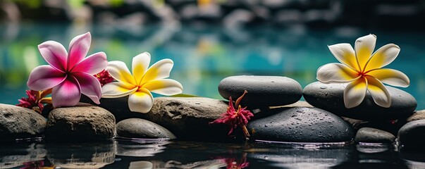frangipani flowers on spa stones