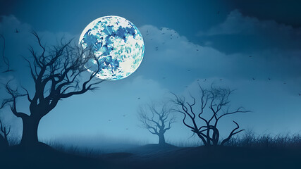 Full moon on dark sky, landscape with scary forest. AI generative