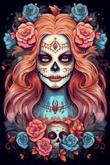 La Catrina dia de muertos Figur mit Maske / Make-up. Dekoriert mit Blumen. Tag der Toten in Mexico. Hochkant. Hochformat. Generative Ai.