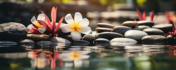 frangipani flowers on spa stones