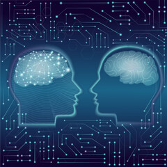 Fototapeta premium vector illustration of artificial intelligence, brain and neural networks. Two heads of artificial intelligence and human on the background from microchips.