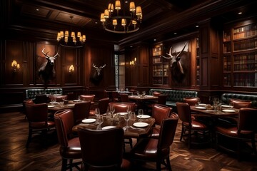 Fototapeta na wymiar Elegant Steakhouse: Refined Dining Experience with Luxurious Dark Wood Paneling, AI