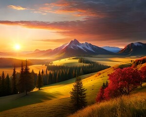 Serene Countryside Sunset: Captivating Colors, Wooden Bridge, and Lush Vegetation