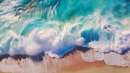 Obraz na płótnie Canvas Aerial view of ocean waves on beach. AI generative