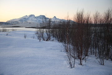 Detail of the rugged mountains near Bodo, in arctic norway, during golden hour.