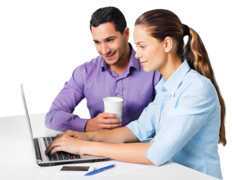 Young couple using laptop and drink coffee at home