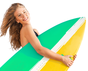 Beauty smile surfer girl, with beach board