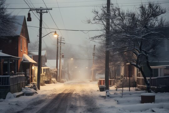 Serene snowfall in a small town