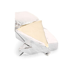 Triangles of tasty processed cheese on white background