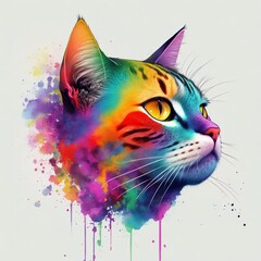 Portrait of a domestic cat, colorful inksplash art