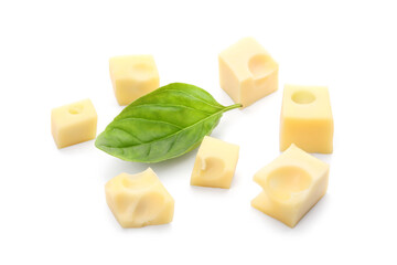 Cubes of tasty Swiss cheese isolated on white background