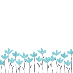 Pastel chalk hand painted botanical floral natural mock up with little blue flowers and grey leaves with copy space. Isolated on white square design element