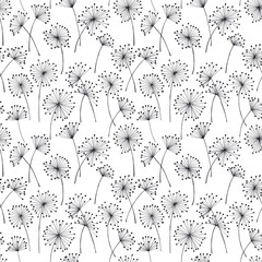 Hand drawn painted botanical seamless pattern with black line art dandelion. Floral minimalistic white background with spring summer flowers.