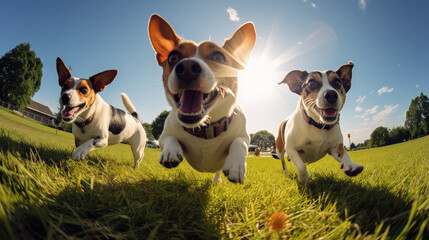Group of happy jack russell dogs running through the park, generative ai