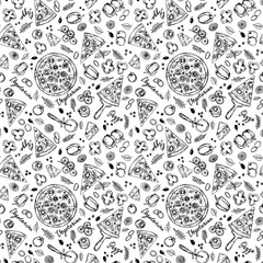 Seamless pattern of hand drawn line art black vegetarian pizza ingredients: bell pepper, tomatoes, cheese, onion, olive, basil.Pizza wheel and slices of fast food on white background