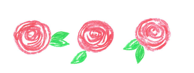 Set of grunge pastel chalk sketch red roses with green leaves.Hand drawn simple design elements.Isolated on white