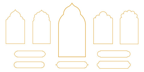 Set of oriental style arabic gold borders and frames. Collection of linear style Islamic windows, doors in boho style. Arabic minimal shape arch. Golden Design element for design. Ramadan kareem - obrazy, fototapety, plakaty