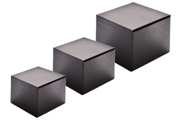Three sizes of boxes 3d cube black box isolated. Three sizes of cube boxes transparent. cube boxes png.