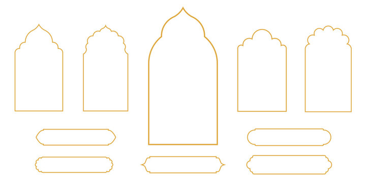 Set of oriental style arabic gold borders and frames. Collection of linear style Islamic windows, doors in boho style. Arabic minimal shape arch. Golden Design element for design. Ramadan kareem