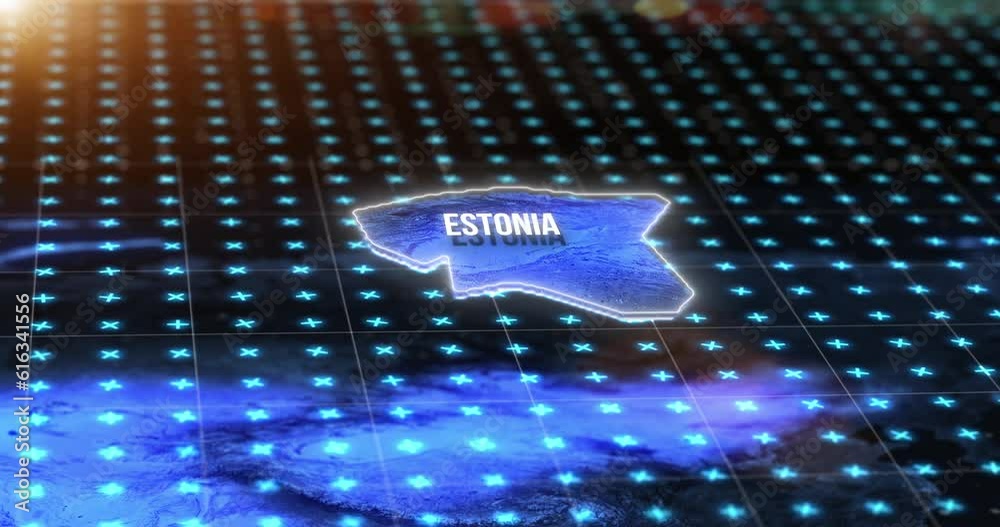 Leinwandbilder Digital map, country location and hologram of Estonia with blue light, gps pin and 3d rendering. Technology, data and matrix of global position on radar, virtual reality or simulation of coordinates.