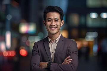 Fototapeta premium Portrait of a happy asian businessman smiling at the camera.Generative Ai