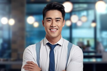 Fototapeta premium Portrait of a happy asian businessman smiling at the camera.Generative Ai