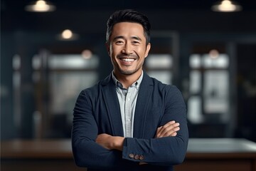 Fototapeta premium Portrait of a happy asian businessman smiling at the camera.Generative Ai