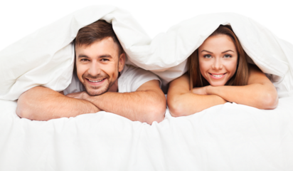 Happy beauty sexuality couple lying in white bed