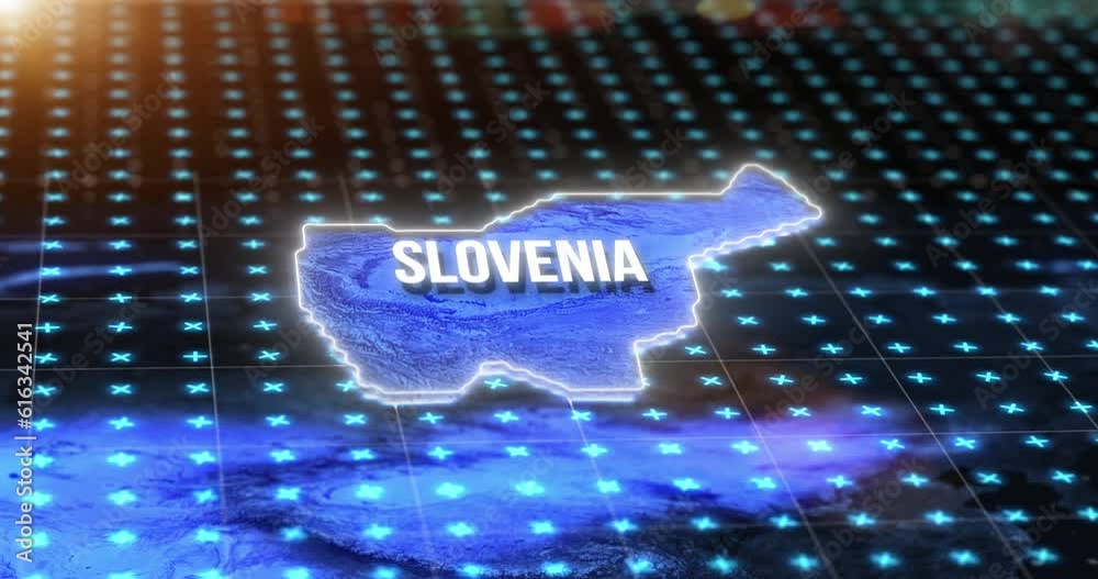 Poster Digital, world and slovenia on an information technology or virtual map for global networking or connectivity. Future, data and grid for innovation, traffic or telecommunication on planet earth