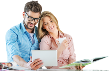 Beauty couple in library working on digital tablet