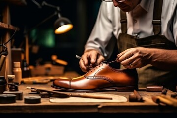 Obraz na płótnie Canvas Skilled Shoemaker Repairing Elegant Men's Shoes by Hand, AI