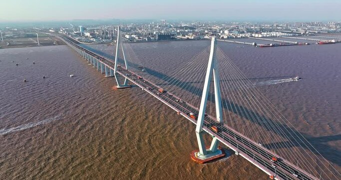 Aerial view of Hangzhou Bay Bridge scenery in Jiaxing, Zhejiang Province, China. The total length of the bridge is 36 kilometers. The design speed is 100 kilometers per hour. 