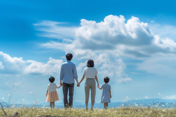 青空を背景に手をつなぐ両親と子供の後ろ姿：AI生成画像