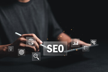 SEO Search Engine Marketing. Businessman using search engine to optimize access to internet...
