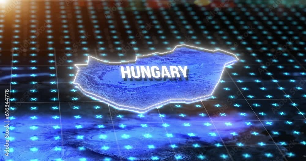 Poster Digital map, country location and hologram of Hungary on blue light, gps pin and 3d rendering. Technology, data and matrix of global position on radar, virtual reality or hud simulation of coordinate