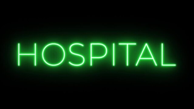 Flickering neon green glowing hospital sign animated black background