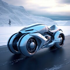Futuristic fast motorcycle vehicles.Futuristic sports bike on the snow.