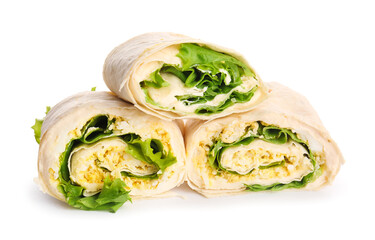 Tasty lavash rolls with egg and greens isolated on white background